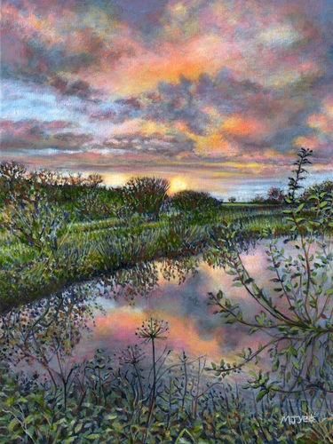 Sunset painting, reflections in pond painting for sale