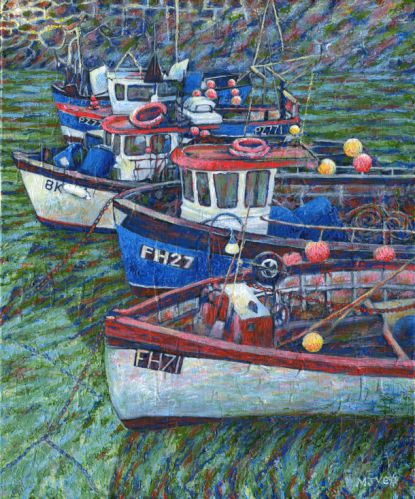cornish fishing boats, coverack harbour, cornwall, painting for sale