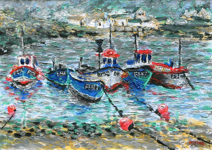 cornish fishing boats, coverack harbour, cornwall, painting for sale