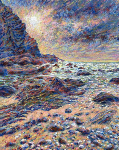 cornish rocky beach textured painting for sale