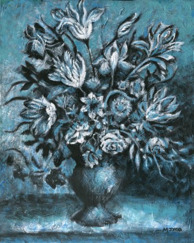 distressed blue and black dutch flowers painting for sale