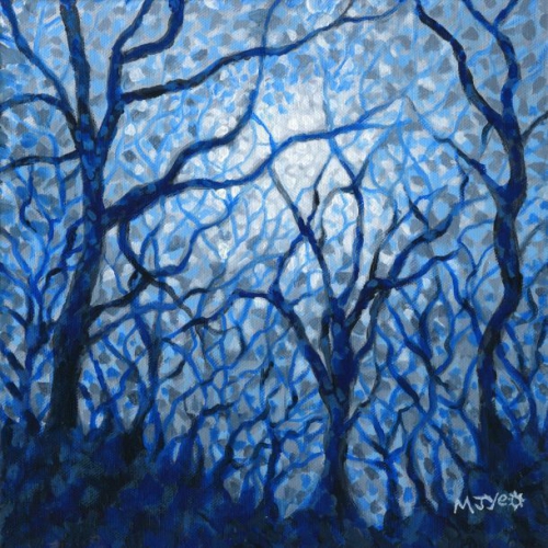 dusk trees in blue contemporary painting for sale