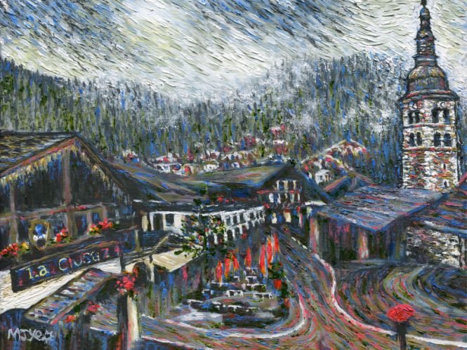 la clusaz in the rain, french alpine village art painting for sale