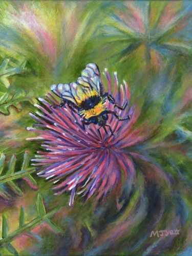 bee on thistle nature painting for sale