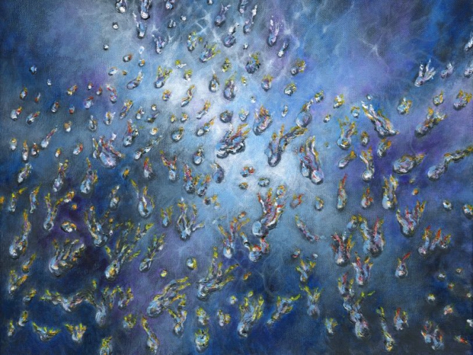 semi abstract raindrops blue painting for sale