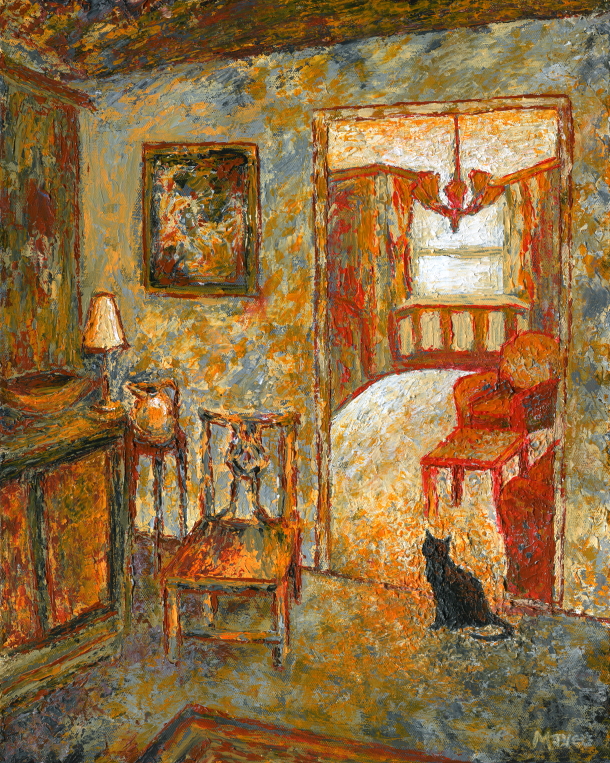 cat in house looking into a room, interior painting for sale