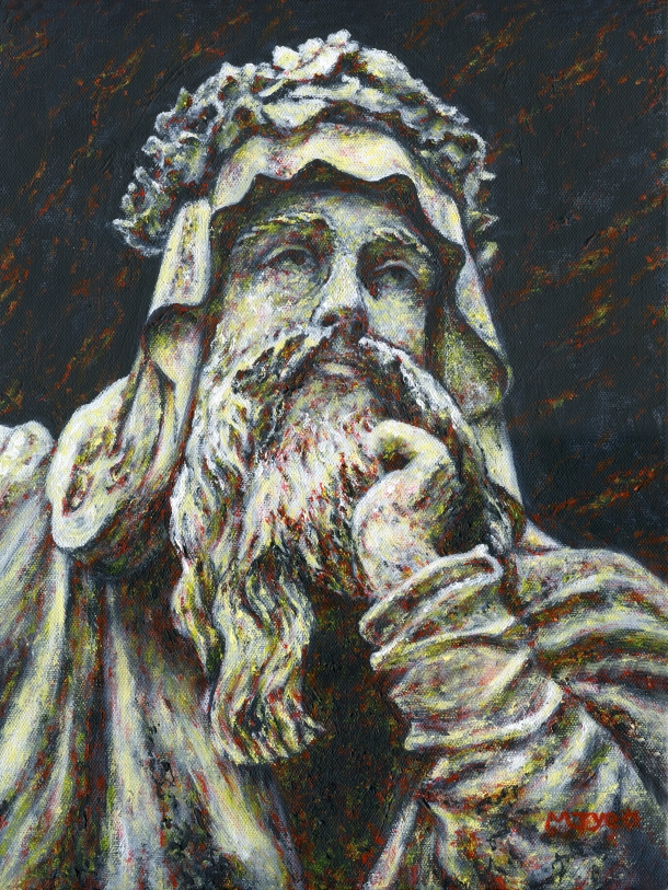 druid stone sculpture, croome park, portrait art painting for sale