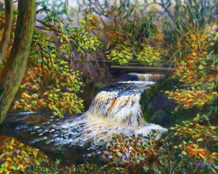 hamsterley forest, county durham waterfall art painting for sale