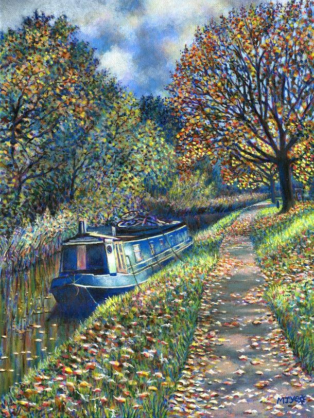 worcester canal boat autumn art painting for sale